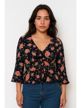 Zara Woman Top Floral Drawstring Black & Multicolor ¾ Sleeves Size XS